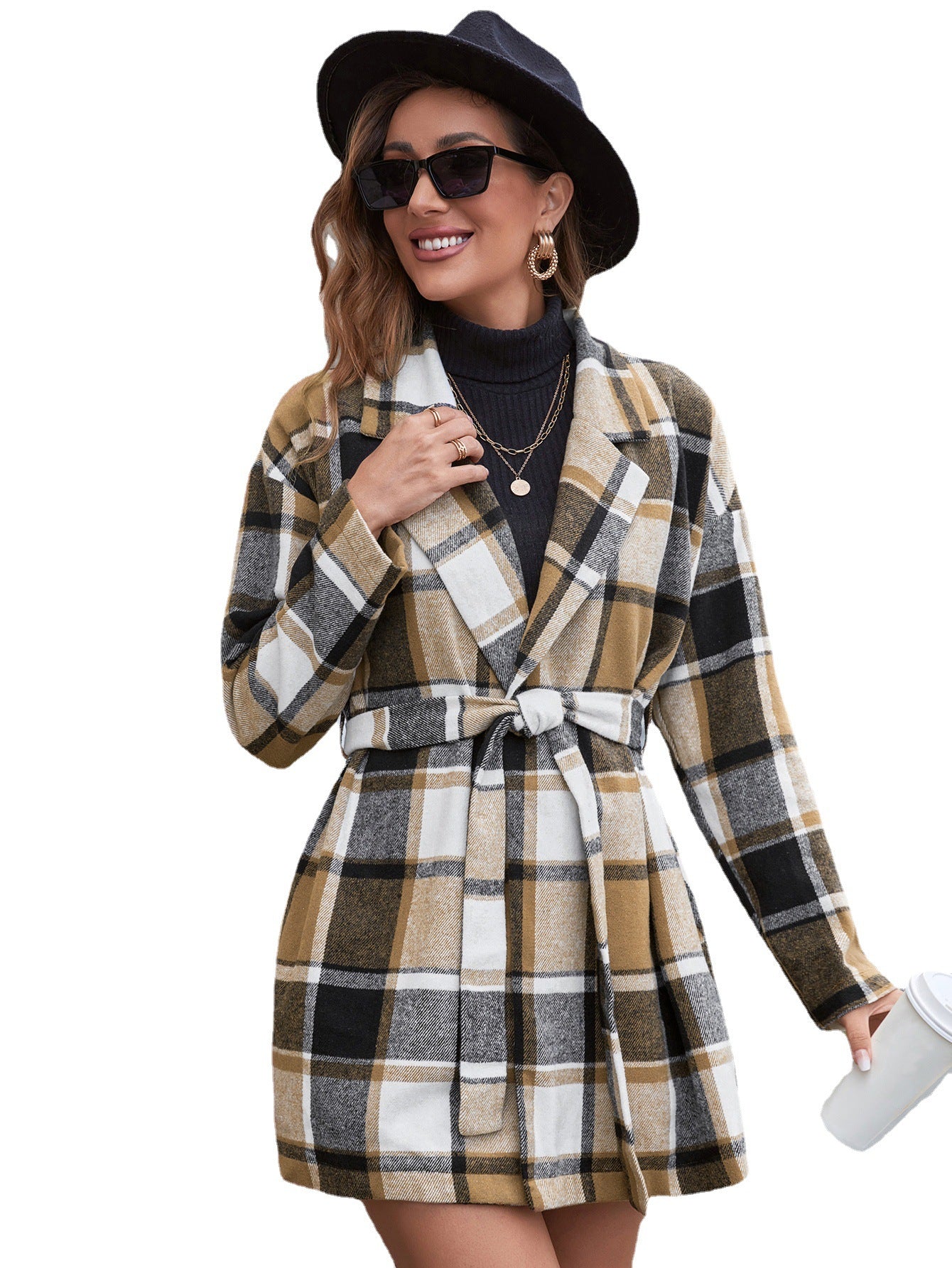 Playful Plaid Lapel Belt Trench Coat