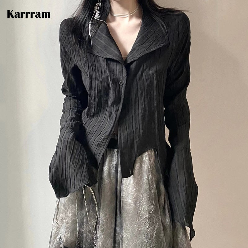 Karrram Gothic Black Shirt - Yamamoto Style Dark Aesthetic Blouse for Women - Irregular Designer Emo Alt Grunge Tops - Y2K Fashion