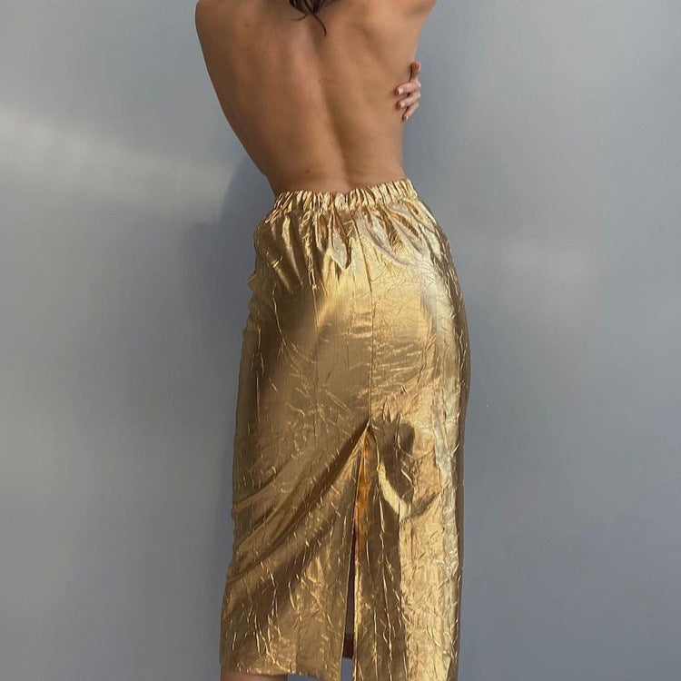 Trendy High-Waisted Pleated Skirt with Split Back