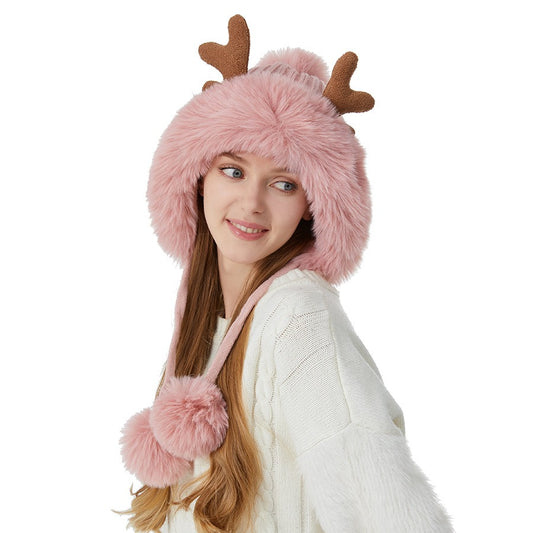 Playful Deer Horn Wool Ball Knitted Hat