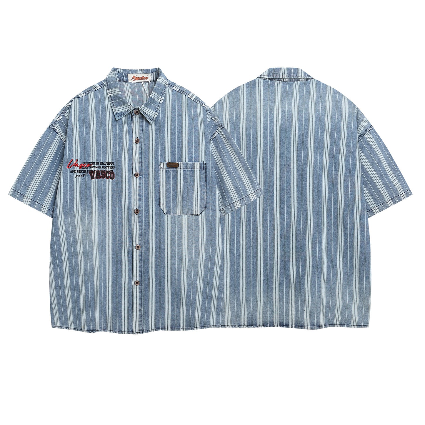 Retro Washed Letter Embroidered Striped Denim Shirt