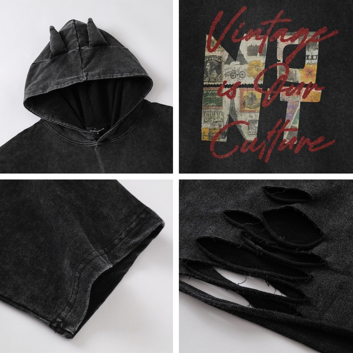 Harajuku Style Distressed Washed Hooded Tee - Unisex