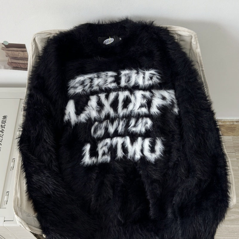 Loose Letter Imitation Mink Fur Lazy Style Round Neck Knitted Sweater