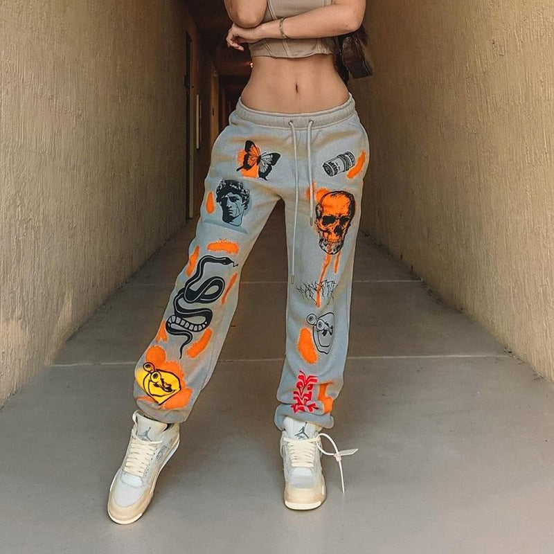 Harajuku Cartoon Printed Sweat Pants for Women