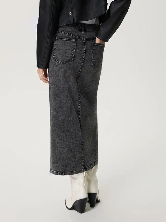 Retro Silver Polished Denim Skirt