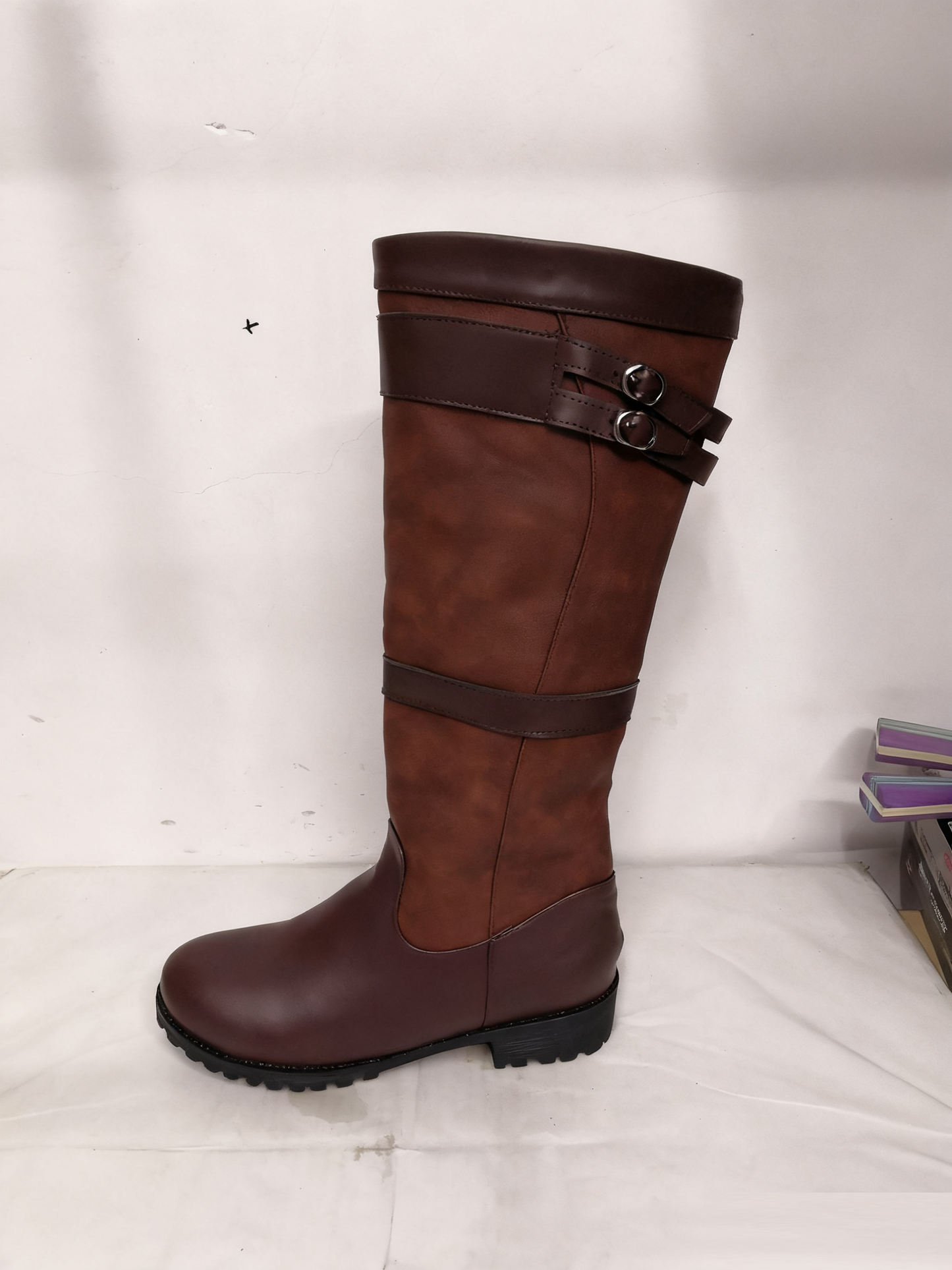 Color Blocked High Top Knight Boots with Coarse Square Heel and Buckle Sleeve