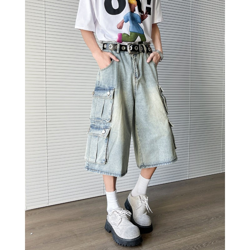 Retro Loose Casual Distressed Wide Leg Seven Quarter Pants