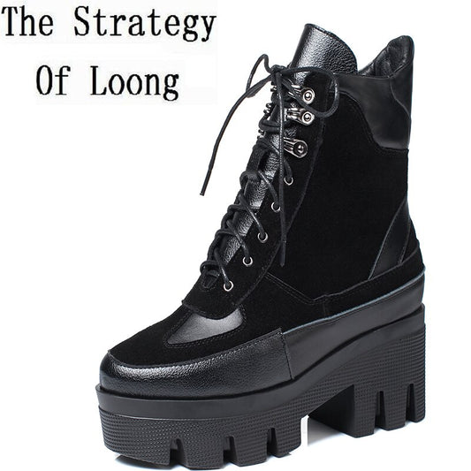 Chunky Platform Cow Leather Ankle Boots for Women