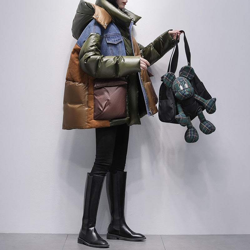 Harajuku Style Contrasting Color Denim Stitching Down Jacket