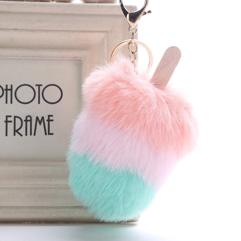 Fluffy Faux Fur PomPom Ice Cream Keychain