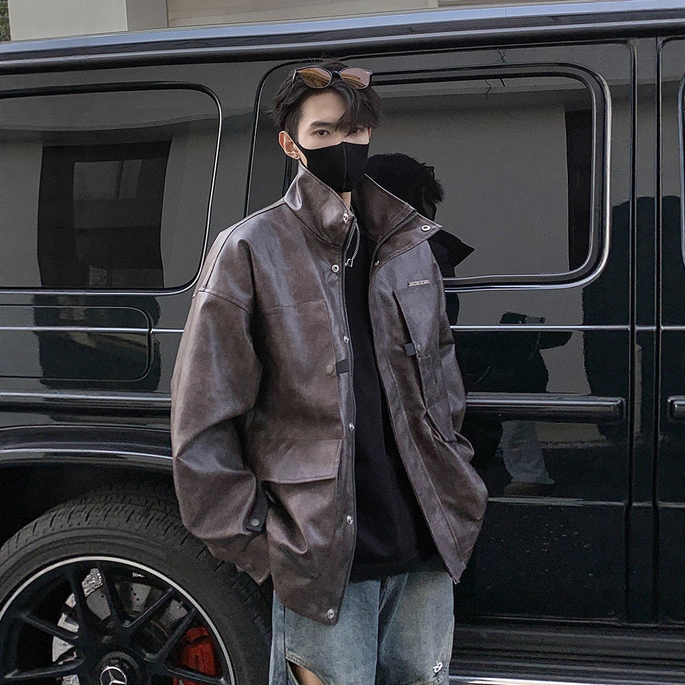 Brown  Leather Jacket for Men and Women with Stand Collar - High-End Short-Length Plus Size Leather Coat