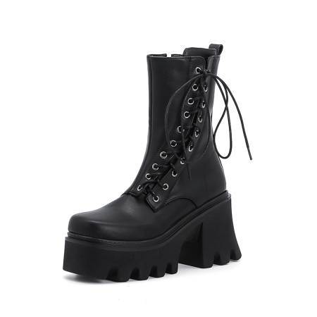 Lace-Up Chunky High-Heeled Platform Women's Short Boots