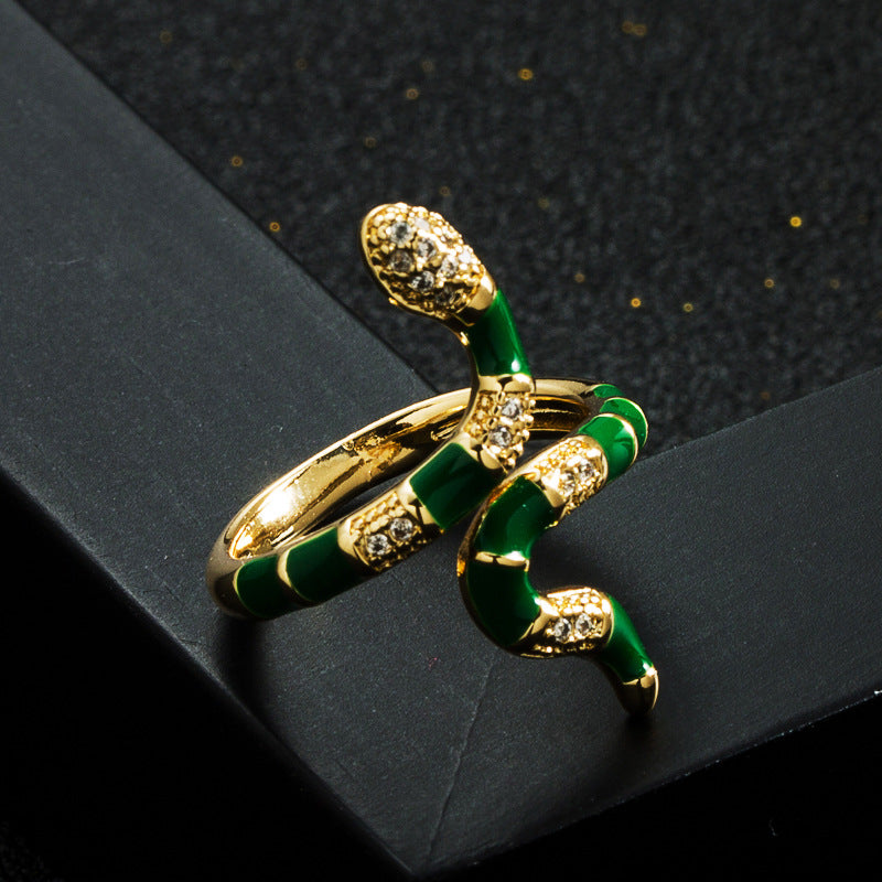 Harajuku Style Copper Gold Plated Zircon Drip Oil Snake Ring