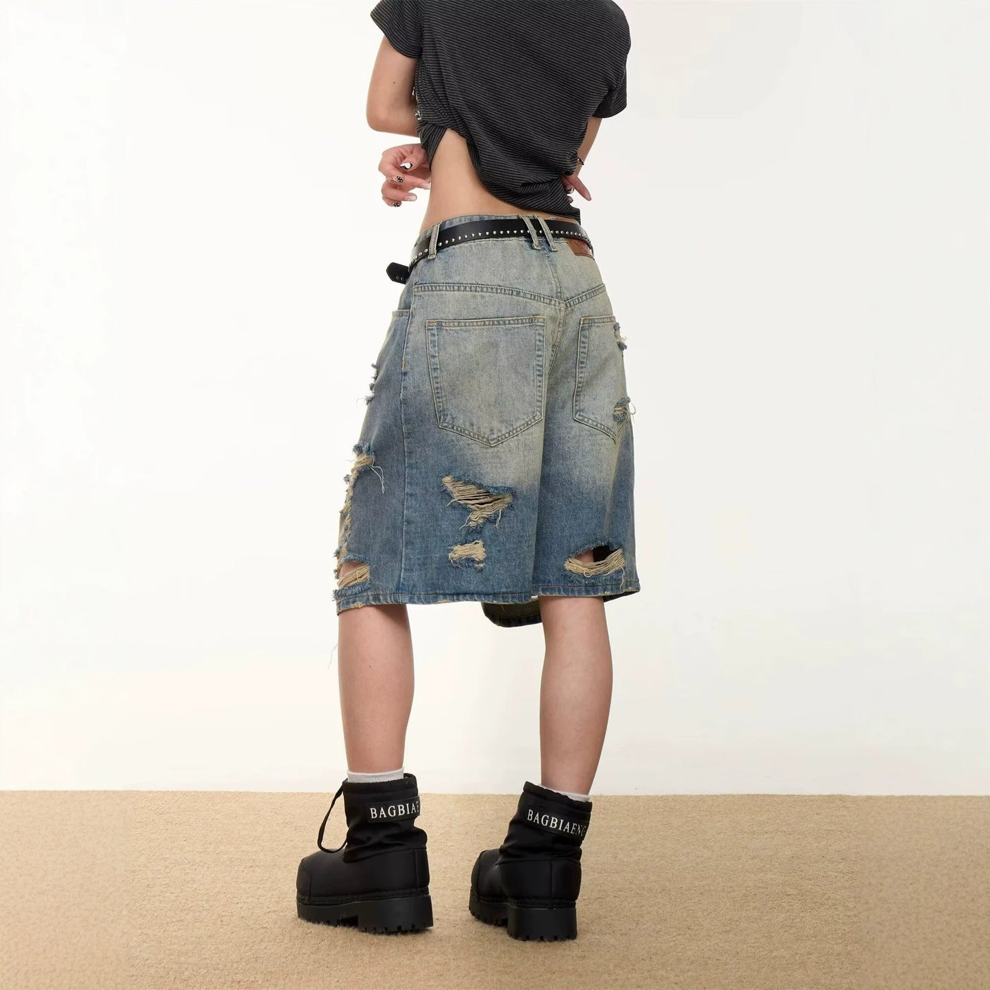 Retro Washed Distressed Denim Cropped Pants — Unisex Loose Wide Leg Shorts