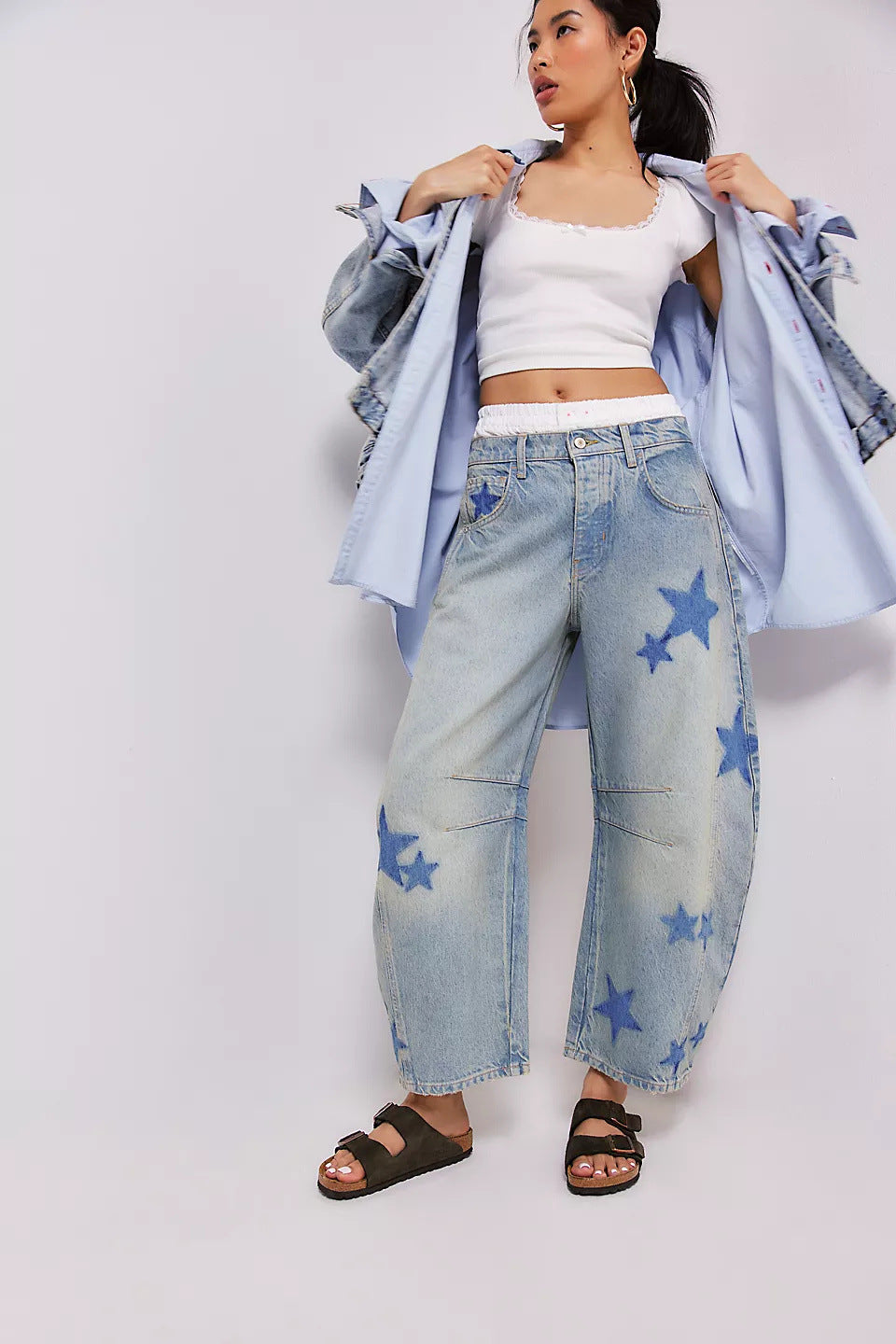 Harajuku Contrast Star Wide Leg Jeans