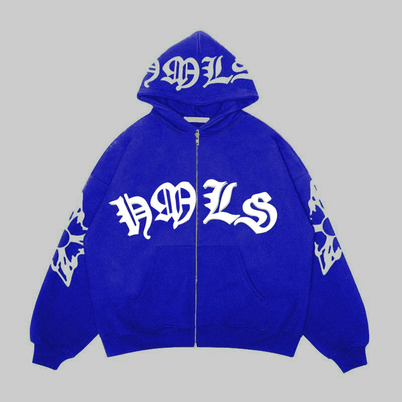 Gothic Letter Printed Oversized Zipper Hoodie