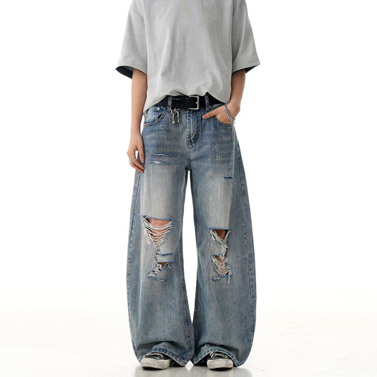 Vintage Ripped Denim Straight Leg Knife Pants
