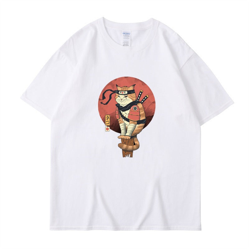 Ninja Cat Print T-Shirt - Short Sleeved Round Neck