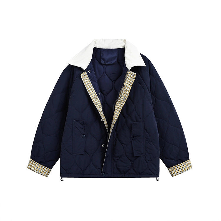 Flip Collar Diamond Grid Thick Warm Short Jacket
