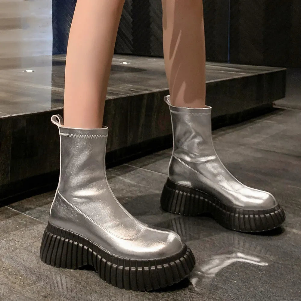 Fashion Platforms for Women - Stretch Short Boots - Genuine Leather Casual Ankle Boots - Round Toe Shoes