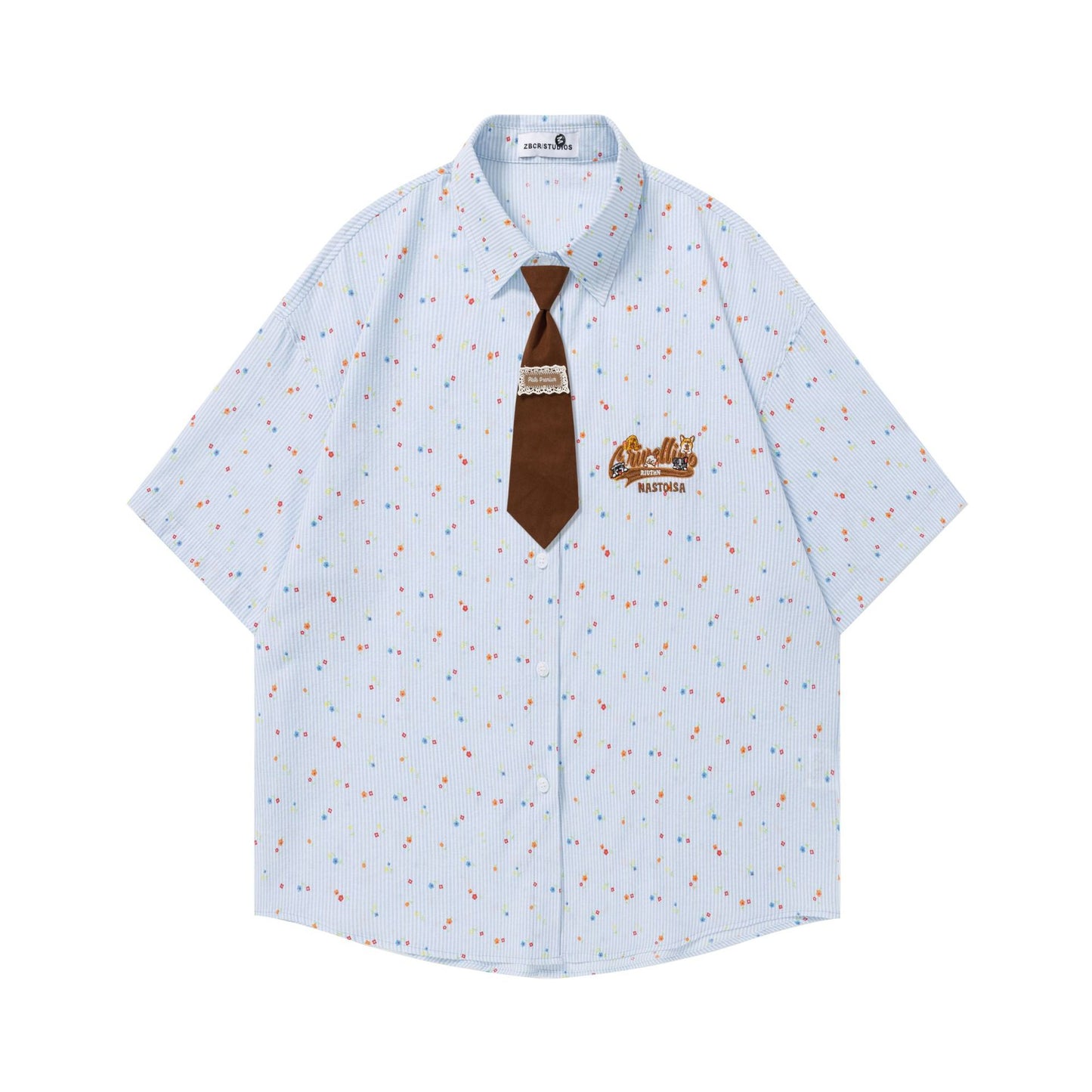 Embroidered Contrasting Tie Short-Sleeved Top — Harajuku Style Loose Fit