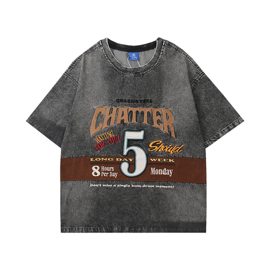 Harajuku Style Washed Letter Embroidery Denim T-Shirt