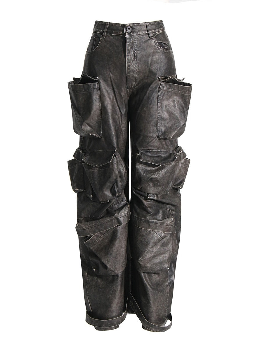 Harajuku Style High Waisted Patchwork Leather Pants