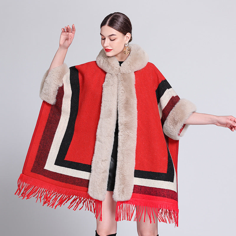 Poncho with Fleece Lining - Thick Knitted Hooded Shawl Featuring Fur Collar and Tassels