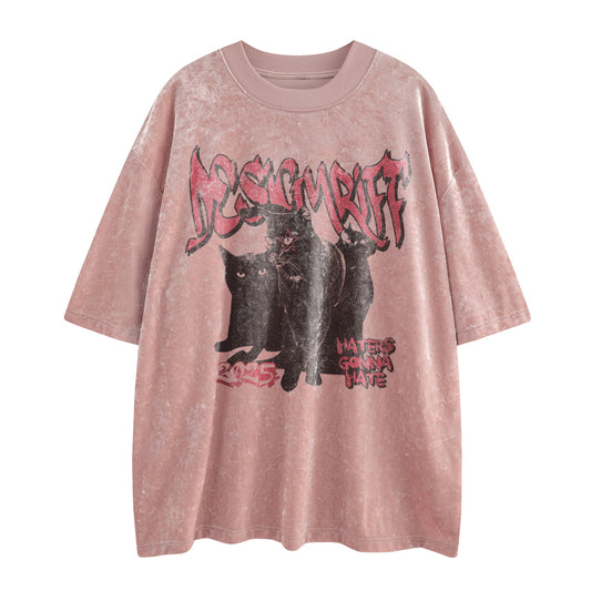 Trendy Cat Print Velvet T-Shirt - Unisex Oversized Style