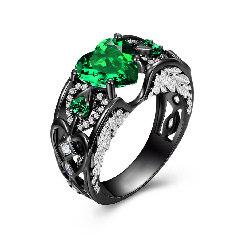 Retro May Birthstone Green Heart Ring in Black Gold