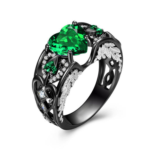 Retro May Birthstone Green Heart Ring in Black Gold