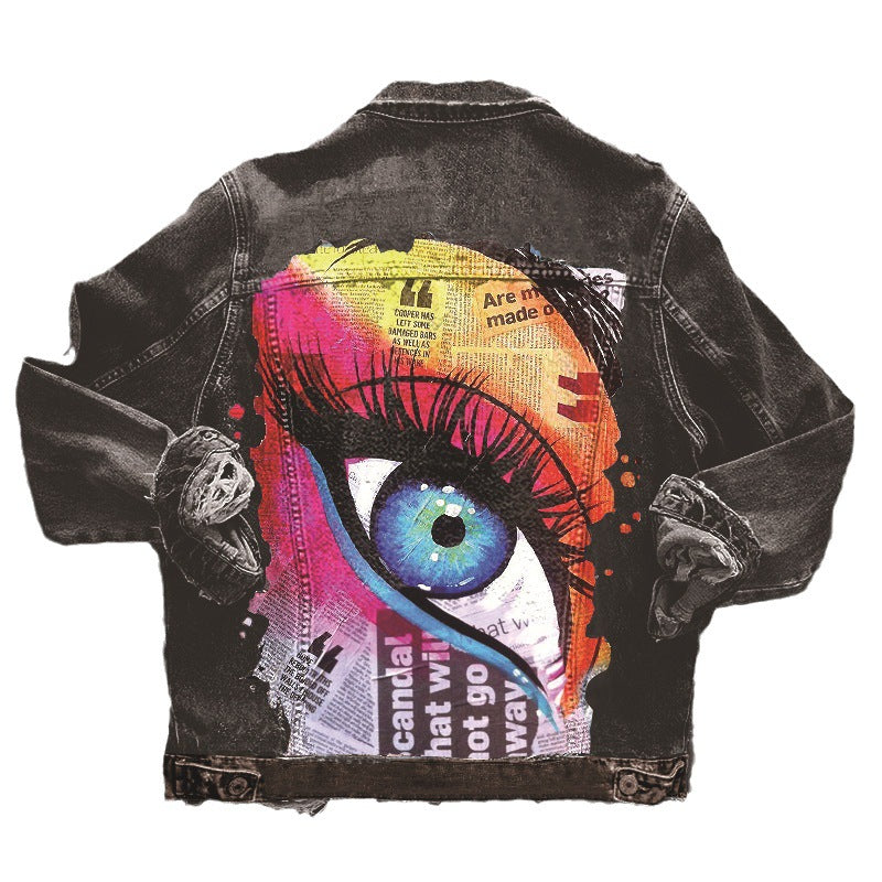 Harajuku Style Women's Lapel Denim Jacket with Unique Print