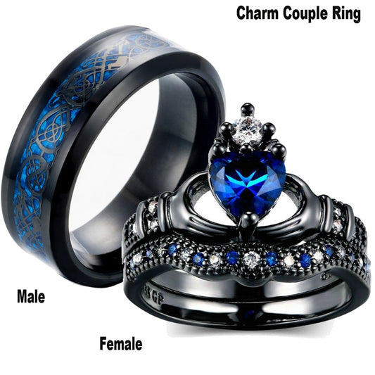 Harajuku Charm Couple Ring Set - Stainless Steel with Blue Zircon