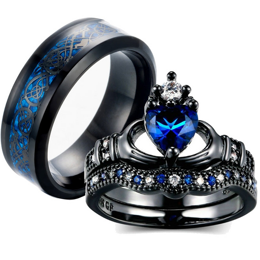 Harajuku Charm Couple Ring Set - Stainless Steel with Blue Zircon