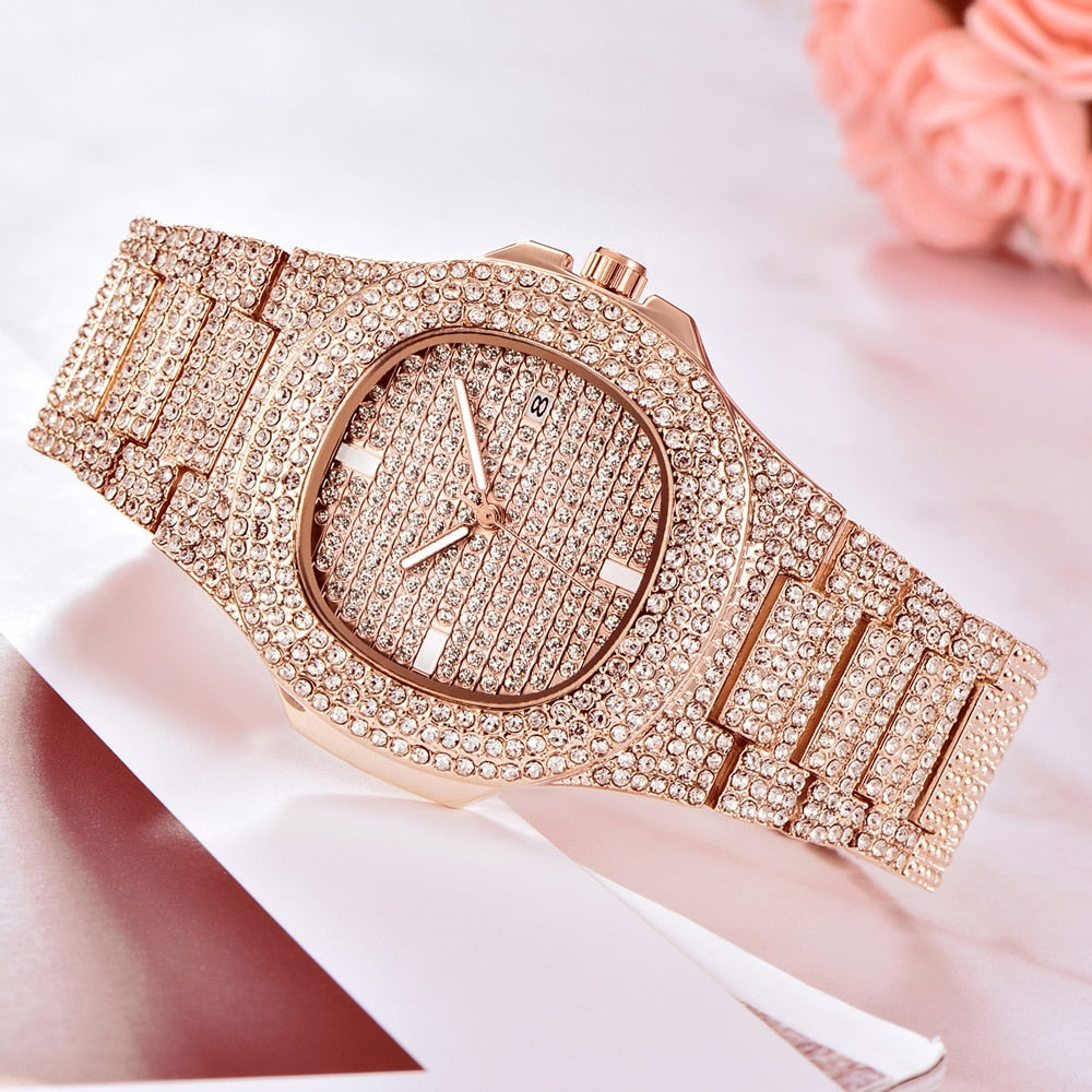 Luxury Diamond Men's Quartz Watch - Gold Stainless Steel