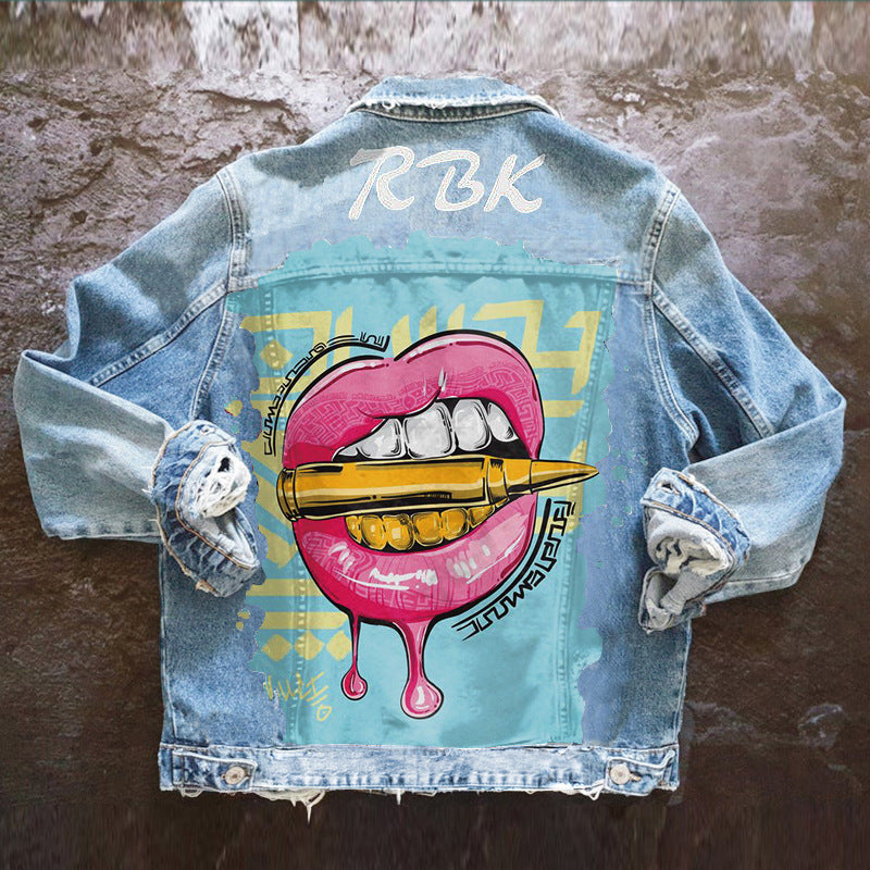 Playful Tongue Out Print Denim Jacket