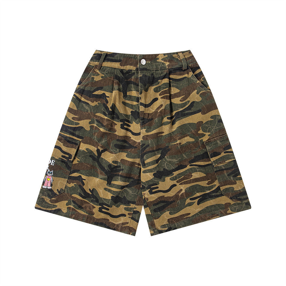 Retro Camo Denim Shorts with Cartoon Embroidery