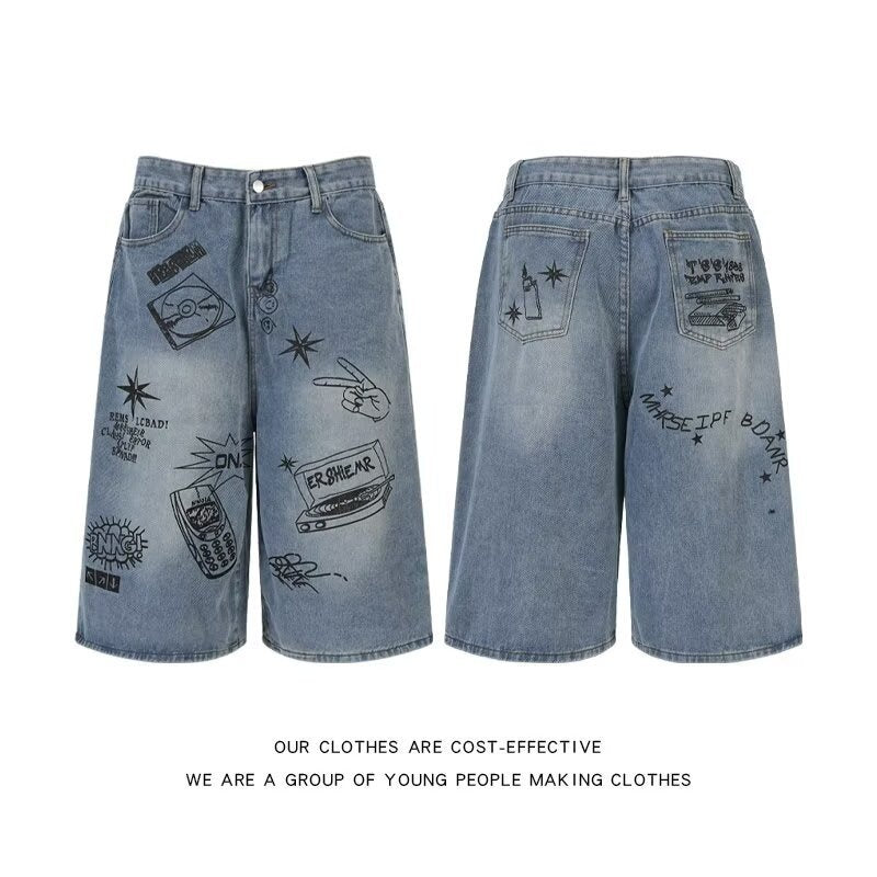 Graffiti Printed Denim Loose Retro Cropped Pants