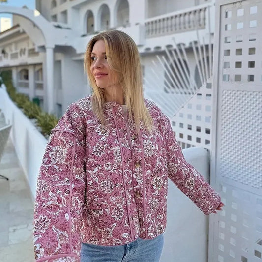 Harajuku Style Elegant Printed Quilted Coat for Women