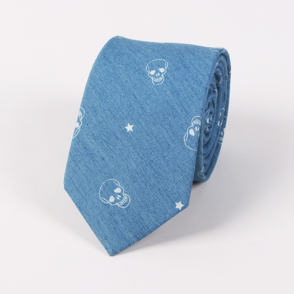 Cotton Tie with Denim Skull Anchor Print