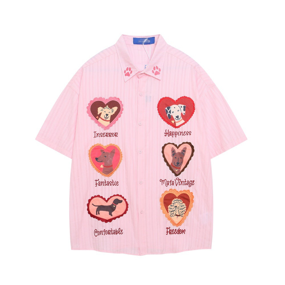 Cartoon Dog Embroidered Short Sleeve Shirt for Men