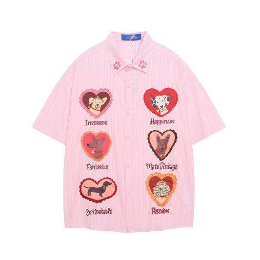 Cartoon Dog Embroidered Short Sleeve Shirt for Men