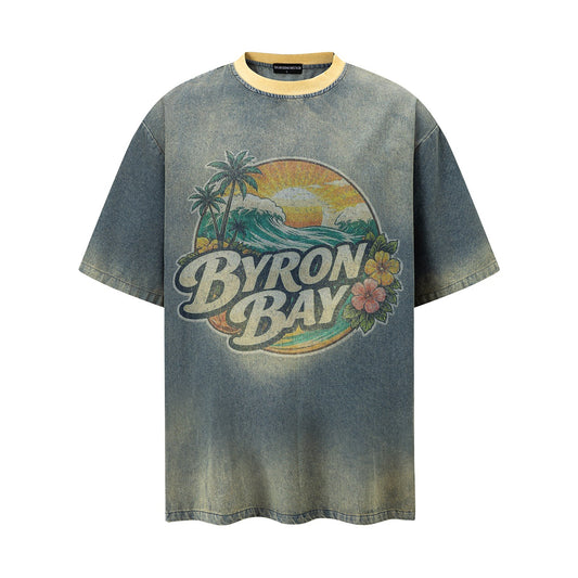 Beach Print Distressed Short-Sleeved Shirt — Harajuku Street Style Mustard
