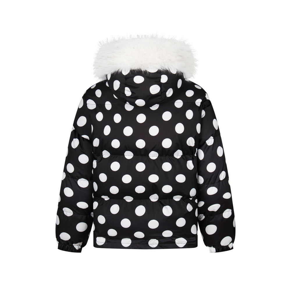 Full Printed Polka Dot Collar Hooded Cotton Jacket