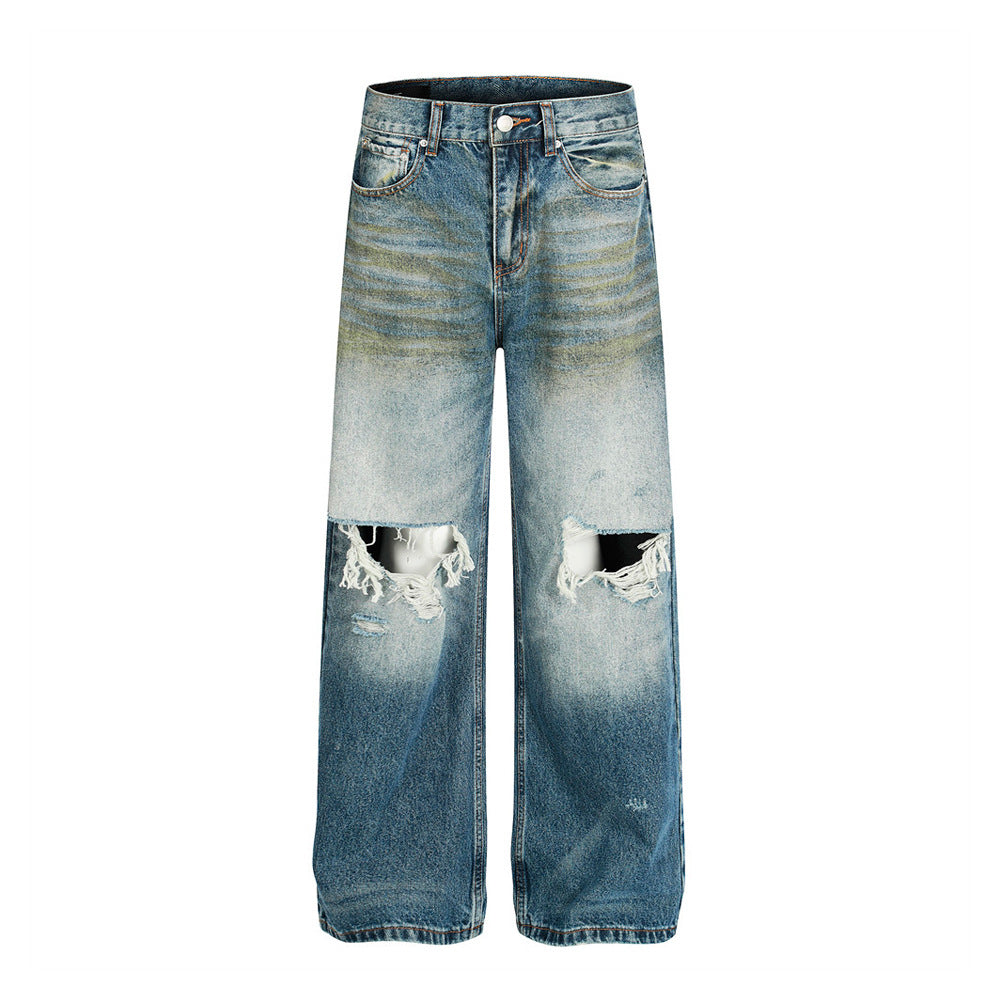 Playful Post-Apocalyptic Distressed Denim Trousers
