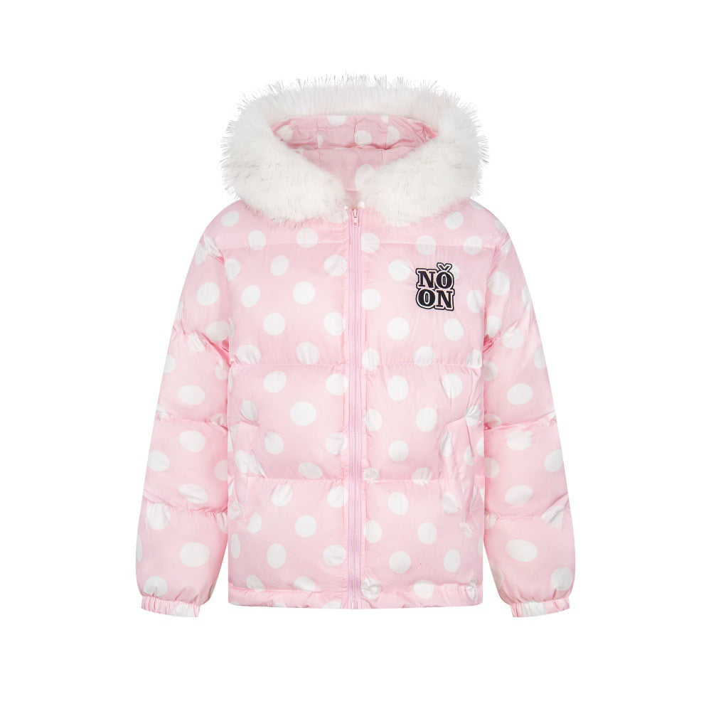 Full Printed Polka Dot Collar Hooded Cotton Jacket