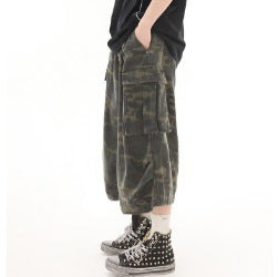 Retro Camouflage Multi Pocket Denim Shorts for Harajuku Style