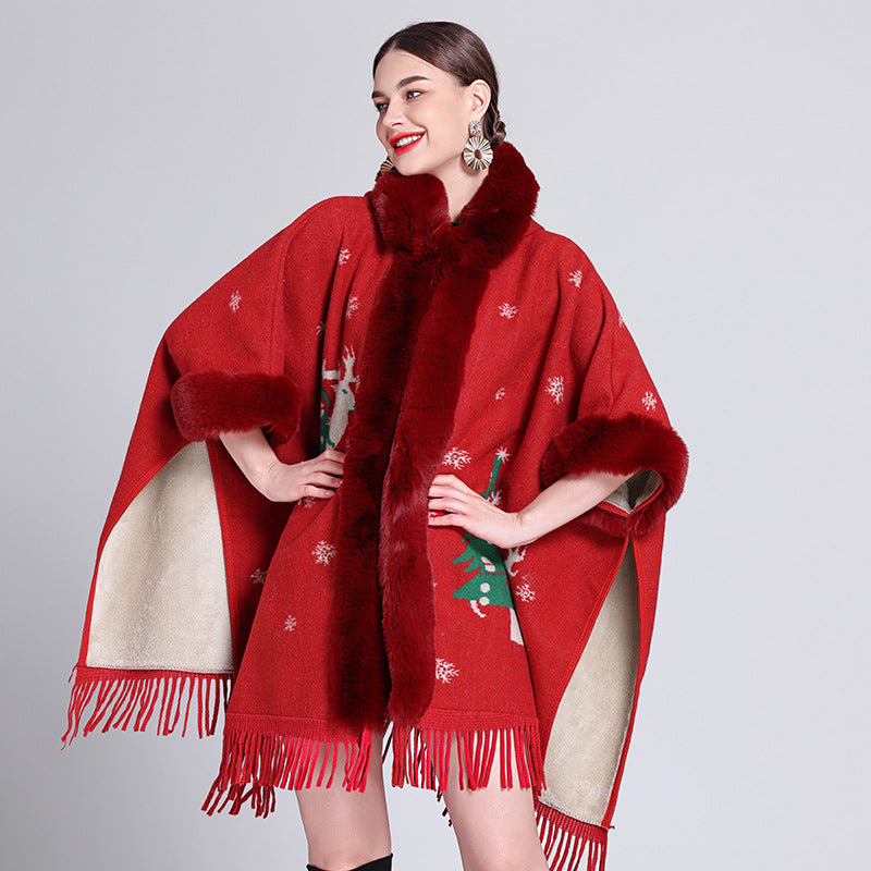 Poncho with Fleece Lining - Thick Knitted Hooded Shawl Featuring Fur Collar and Tassels