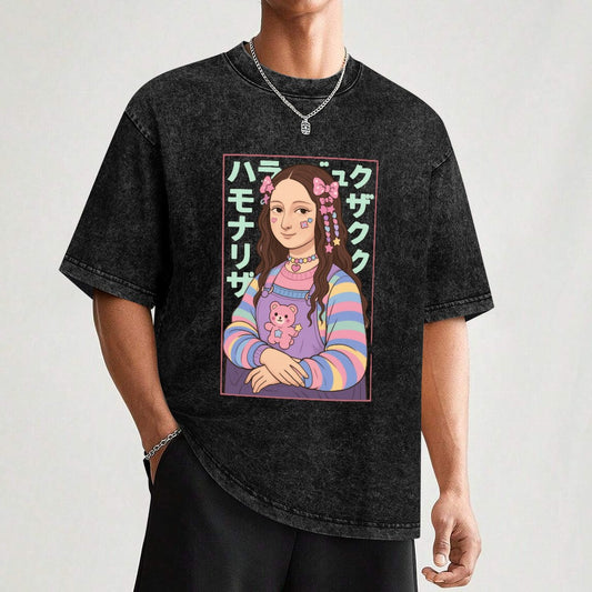 Harajuku Kawaii Mona Lisa Vintage Wash Off Shoulder Tee