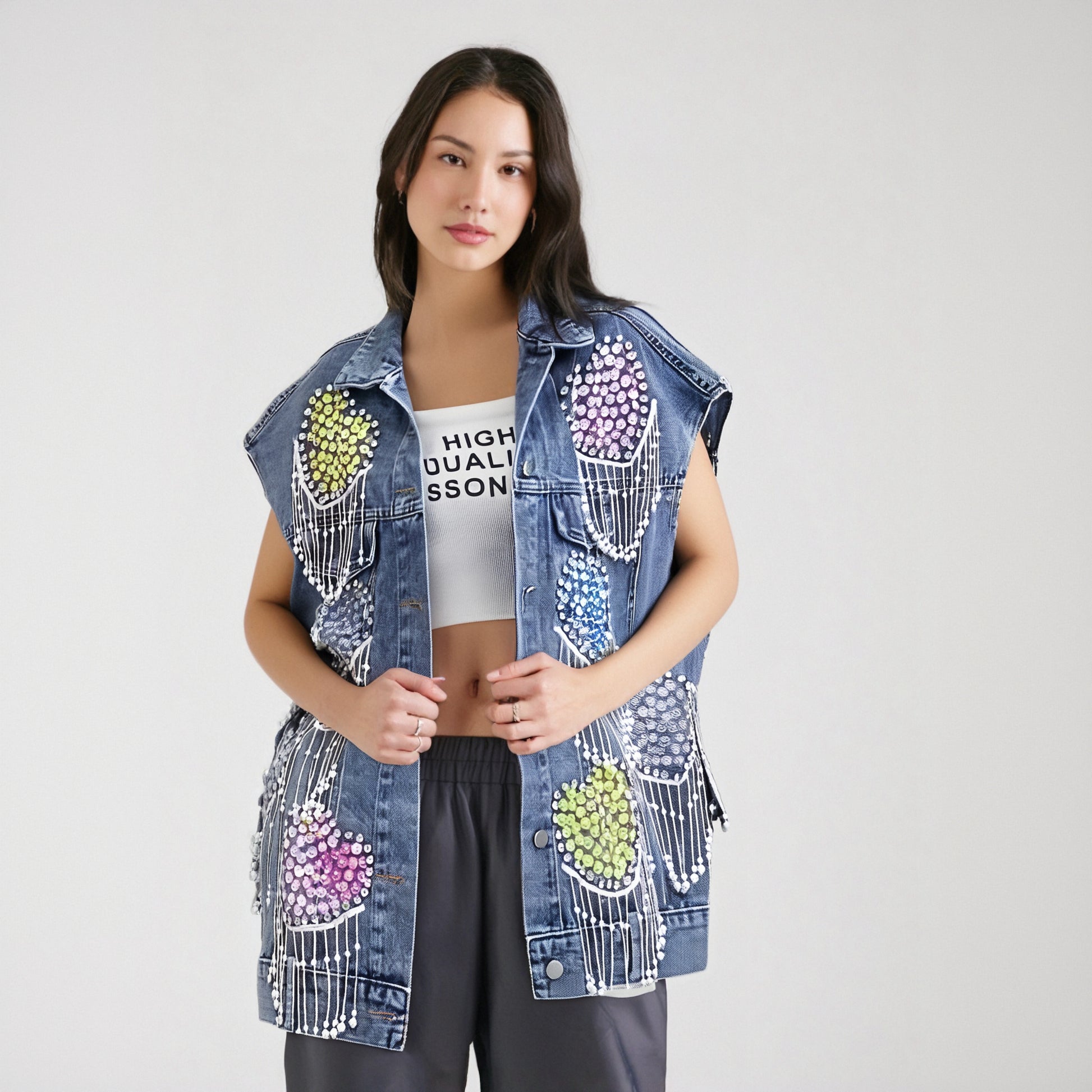 Harajuku Style Beaded Denim Jacket with Tassels